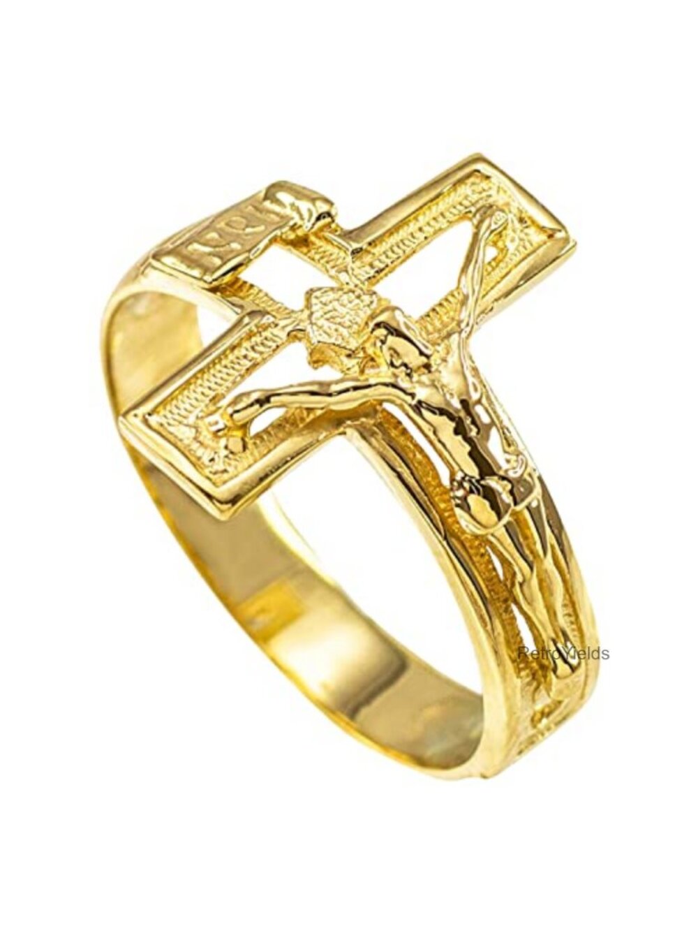 10k Yellow Gold Open Cross Crucifix Ring Bezel Set Religious Jewelry